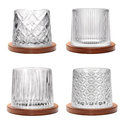 4PC Rotating Whiskey Glasses with Bamboo Coasters,9 oz Old Fashioned Rum Glasses