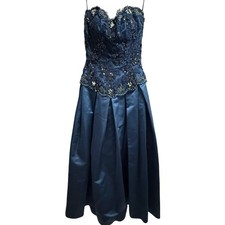 Midnight Blue Strapless Gown - Beaded, Lace Sequined Bodice - Prom - Party Gown