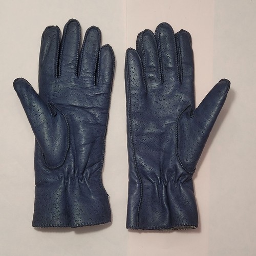 Grandoe Blueish Leather Gloves Cashmere Lambswool Women's Size M - Picture 4 of 12