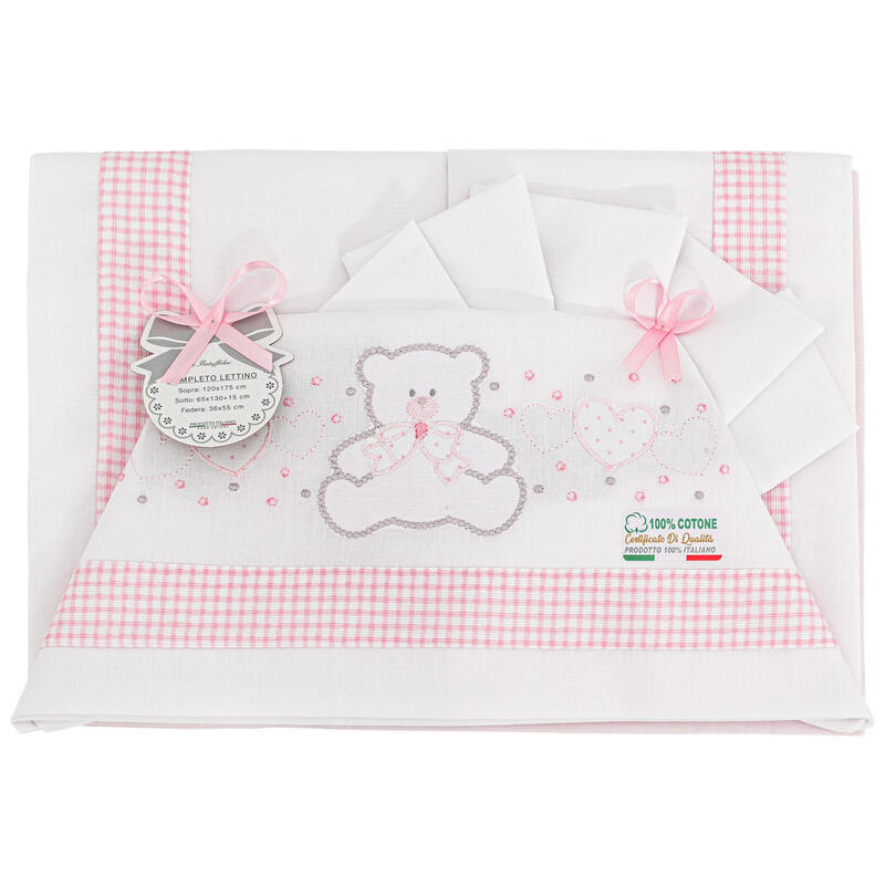 Lenzuola Lettino Neonato 60x120 cm Cotone Set 3 Pezzi Rosa Orsetto Cuori B0203-1