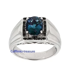 Natural London Blue topaz & CZ Gemstones 925 sterling silver Ring For men's #79