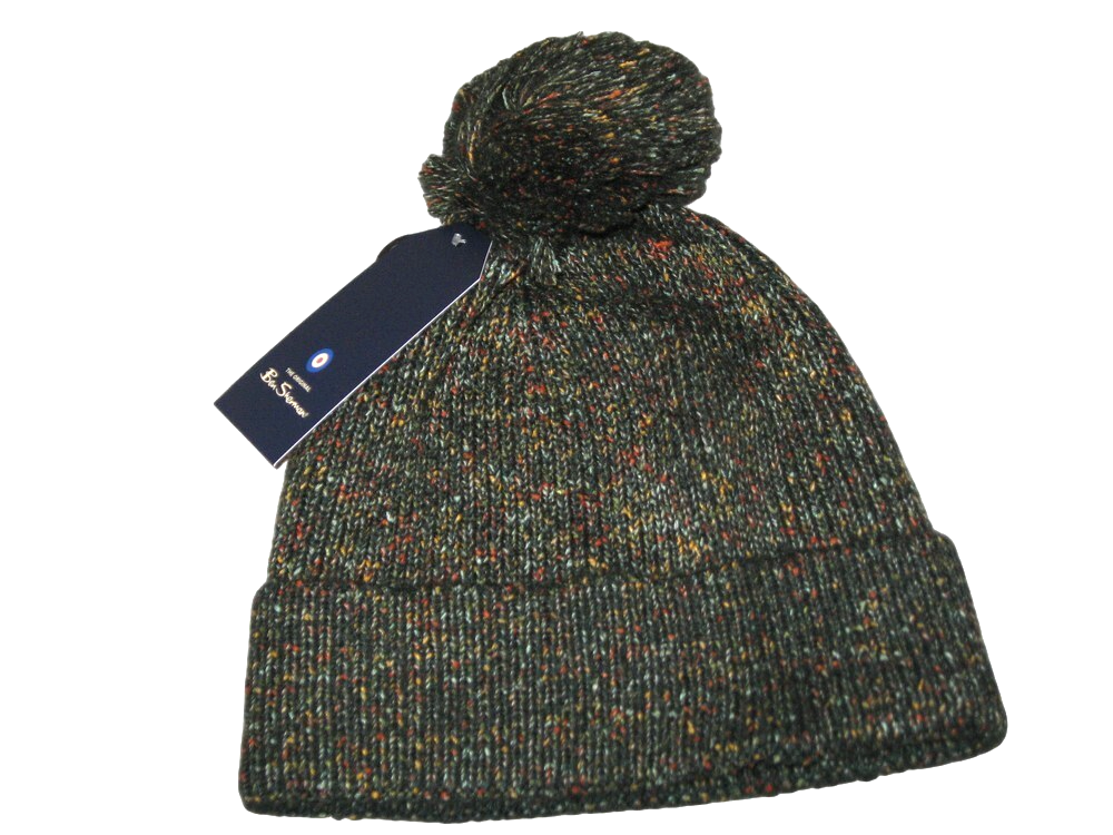 BEN SHERMAN Knitted Fleckled  Bobble Beanie Hat  Dark Green