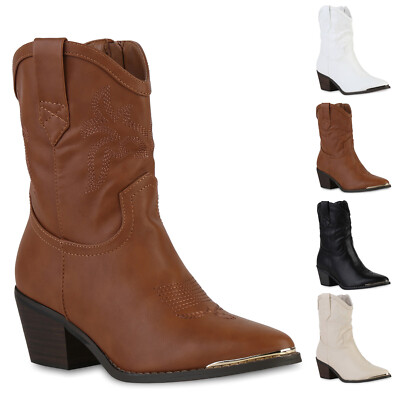Damen Cowboy Stiefeletten Stickereien Holzoptikabsatz Schuhe 839934 New Look