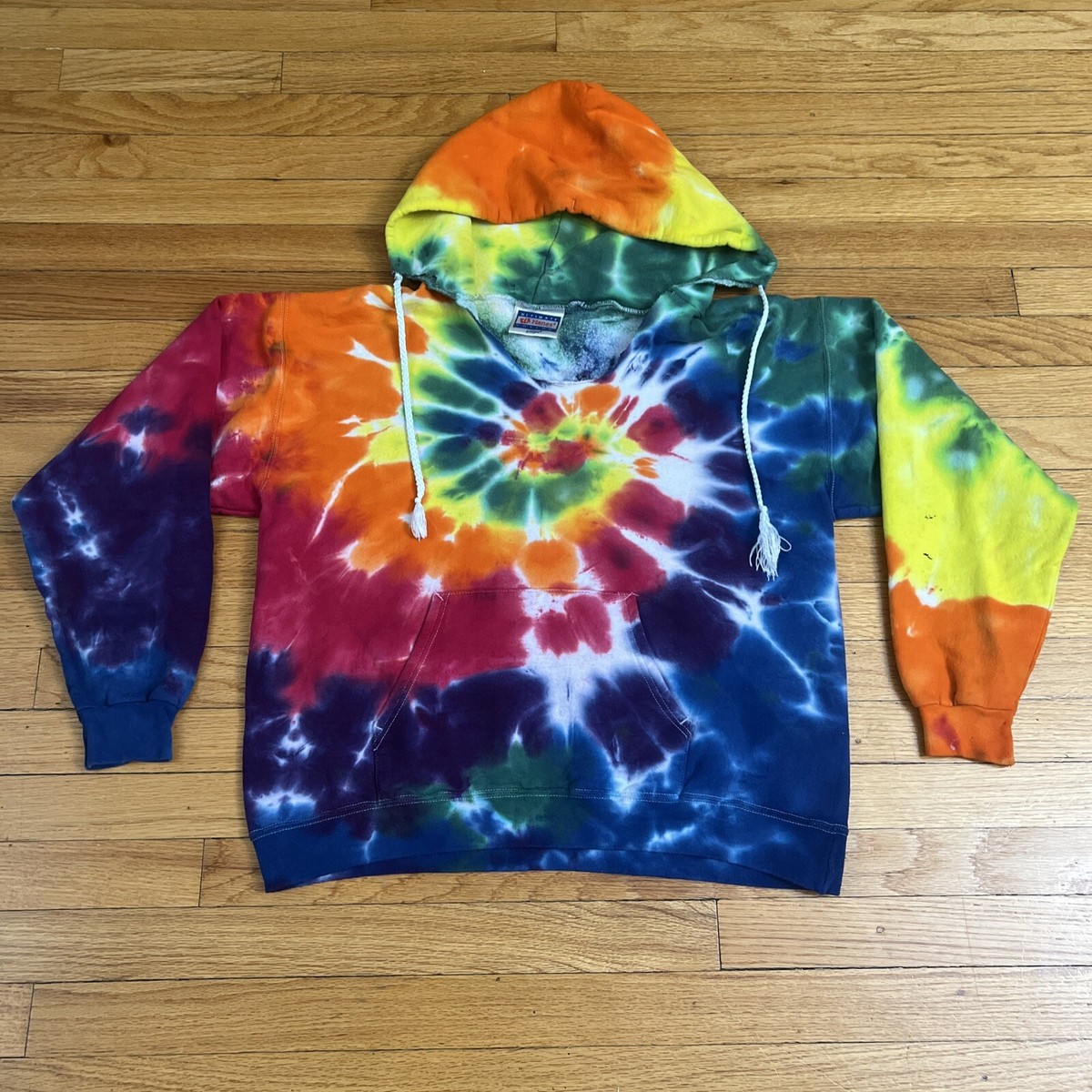 vintage tie dye hoodie distressed medium hippy rainbow style 90s