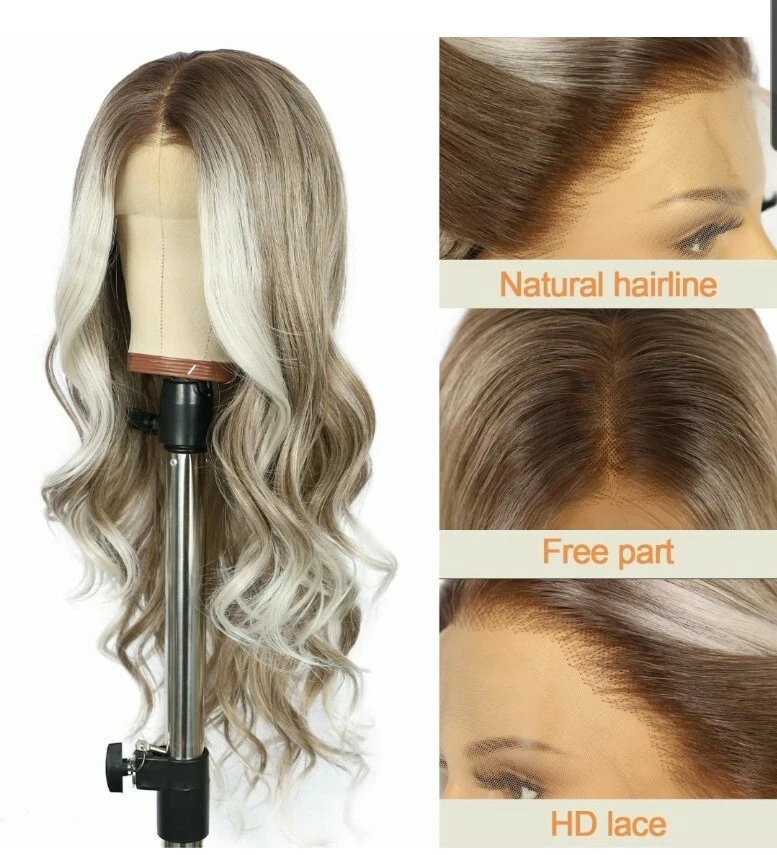 HD Lace Front Wig Human Hair Blend Highlights Wavy Curly Platinum Ash blonde - Image 3 of 4