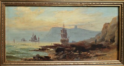 ALFRED H VICKERS c1870 Antique Victorian oil coastal scene ships sea Scarborough