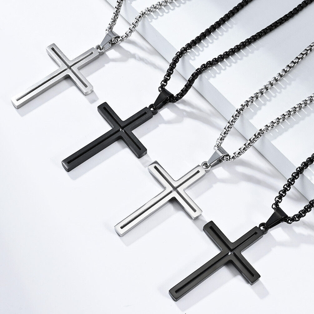 Men Women Simple Cross Necklace Stainless Steel Plain Pendant Box Chain Gift Boy