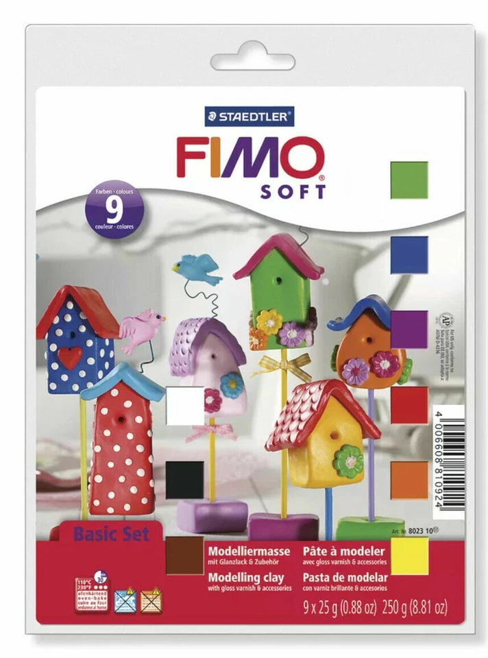 STAEDTLER FIMO Soft Basic Set containing 9 x 25g Blocks + Gloss Varnish, Tool & Mat