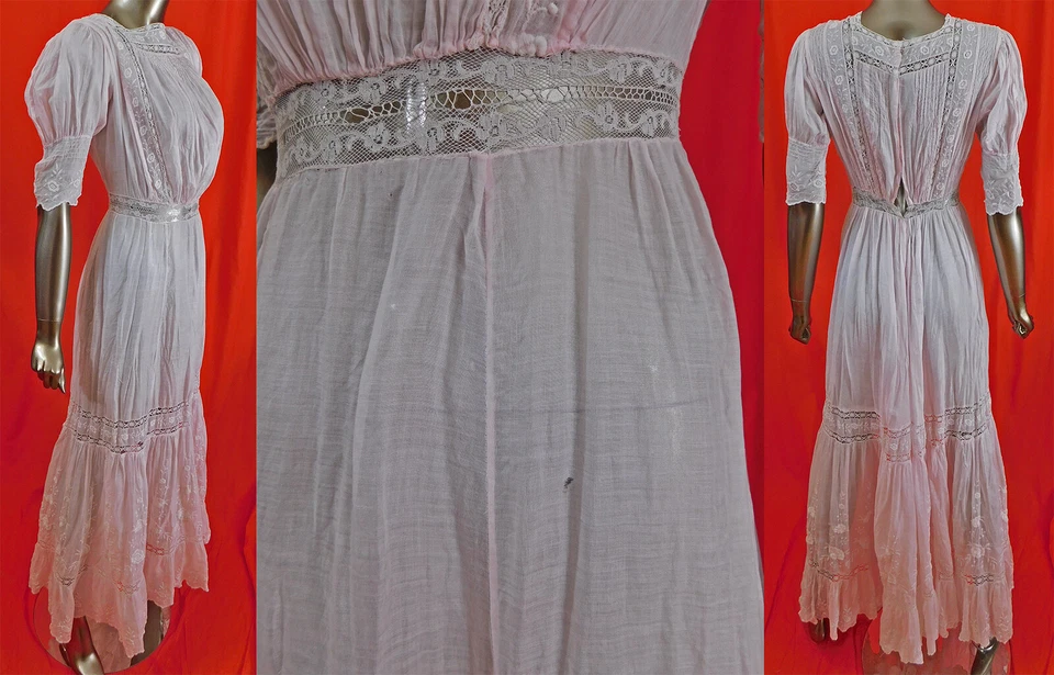 Vestido De Colección Eduardiano Bordado Floral Rosas Rosa Algodón Batista Blanco Encaje  Foto 3 de 4