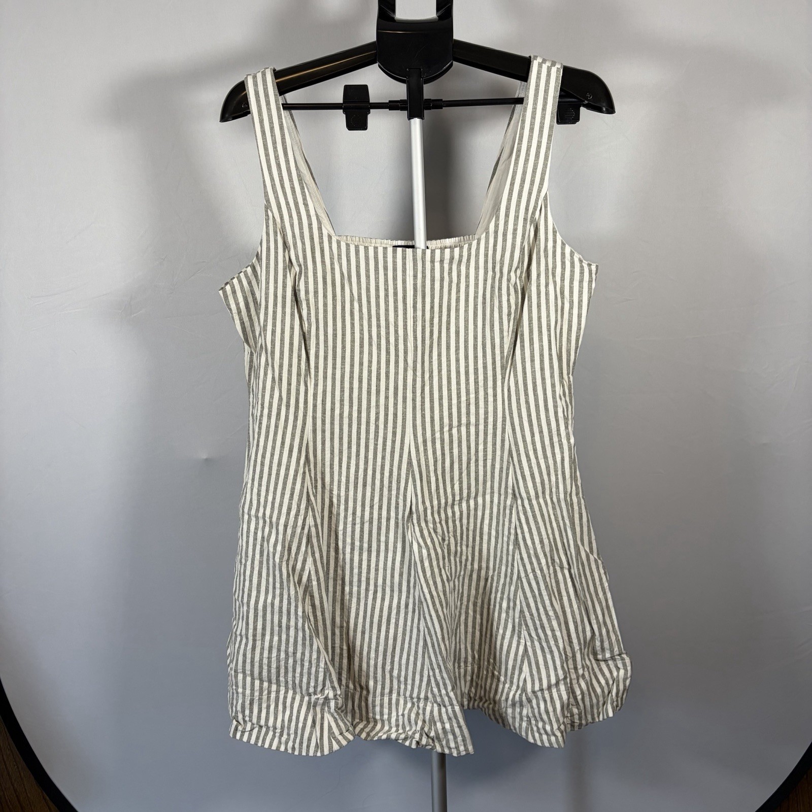 Gap XL Green Stripe Linen Blend Mini Dress Square Neck Minimalist Coastal Pocket