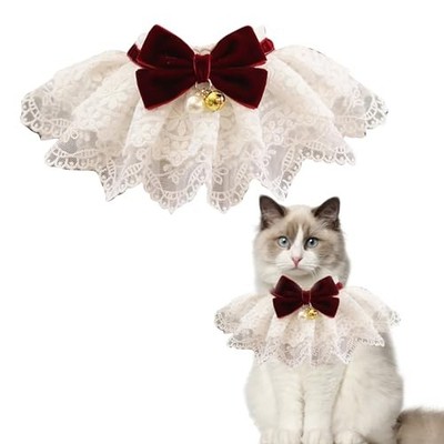 Cat Lace Bib Collar with Bow, Decorative Pet Bandanacarf S Wine Red