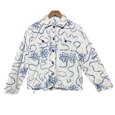 Keren Hart Women XL White Blue Floral Embroidered Cotton Denim Jacket Artsy