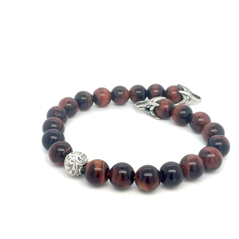 Pulsera bola tallada ojo de tigre David Yurman 8" 8 mm plata esterlina Estate DY566 Foto 3 de 4
