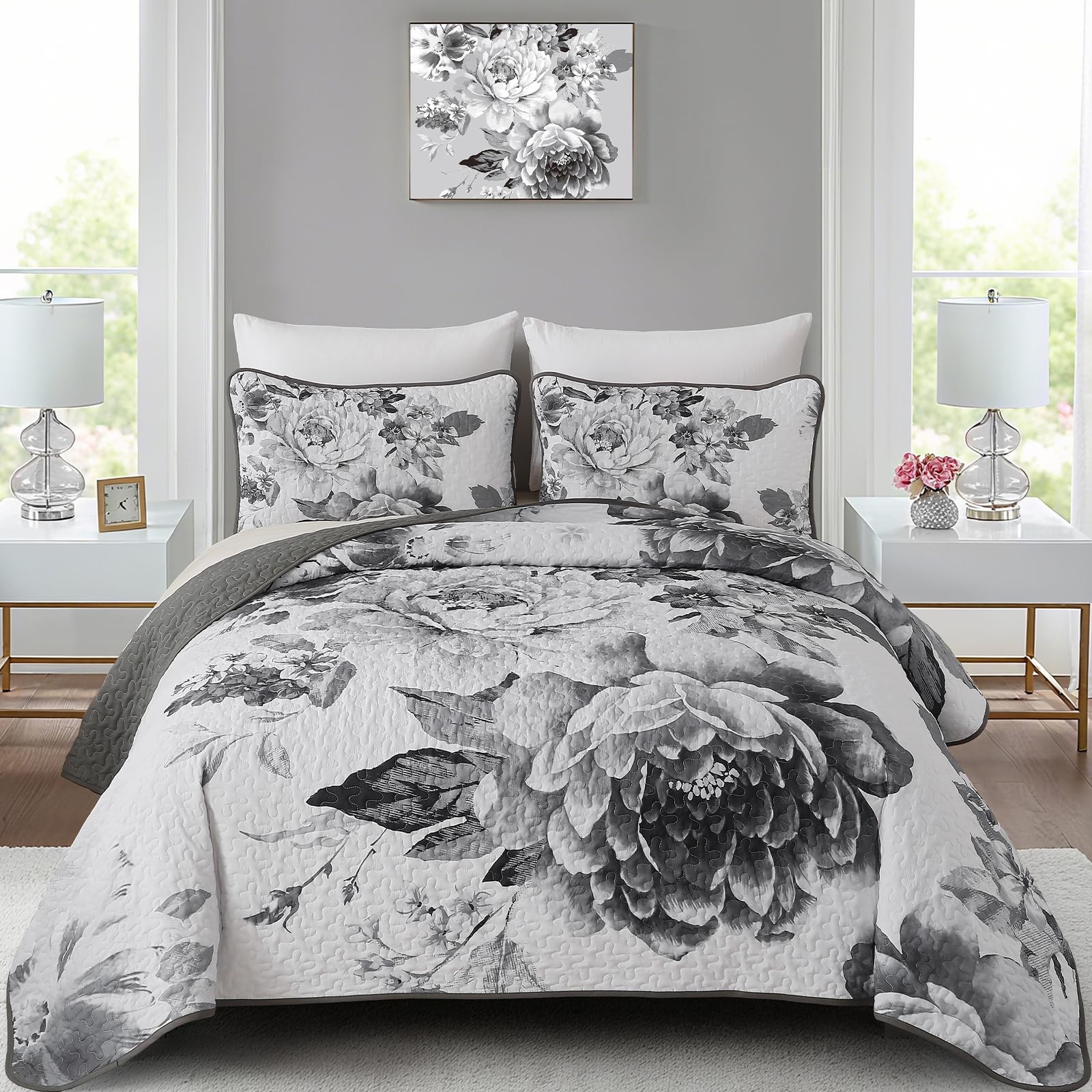 Grey Boho Floral Quilt Set King, 3 Pieces Elegant Gray Flower Bedspread Cover
