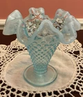Vintage Fenton Mini Vase Hobnail Blue Opalescent Glass Ruffle Top 3 1/2"