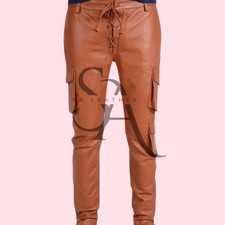 Men's Lace Up Closure Style Brown Leather Pant In Genuine Lambskin Leather Pant