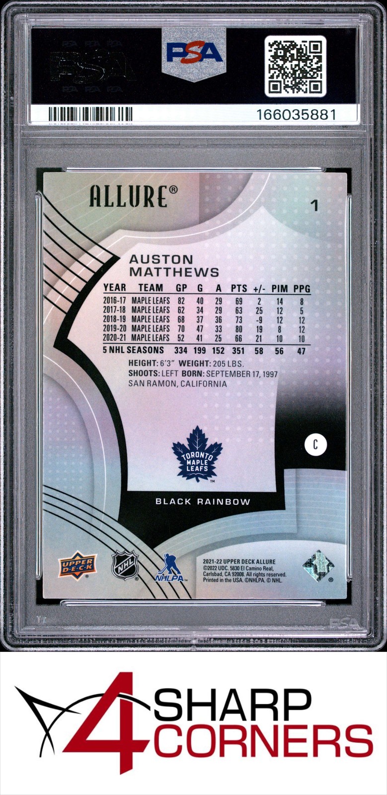 2021 UPPER DECK ALLURE BLACK RAINBOW #1 AUSTON MATTHEWS POP 2 PSA 10 view 2