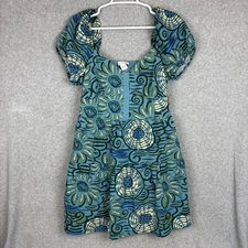 House of Harlow Linen Blend Blue Teal Floral Print Puff Sleeve Mini Dress Large