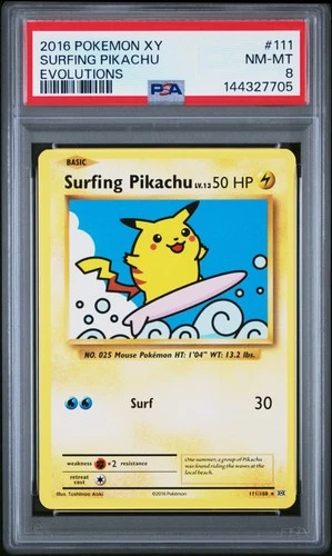 2016 POKEMON XY EVOLUTIONS #111 SURFING PIKACHU PSA 8