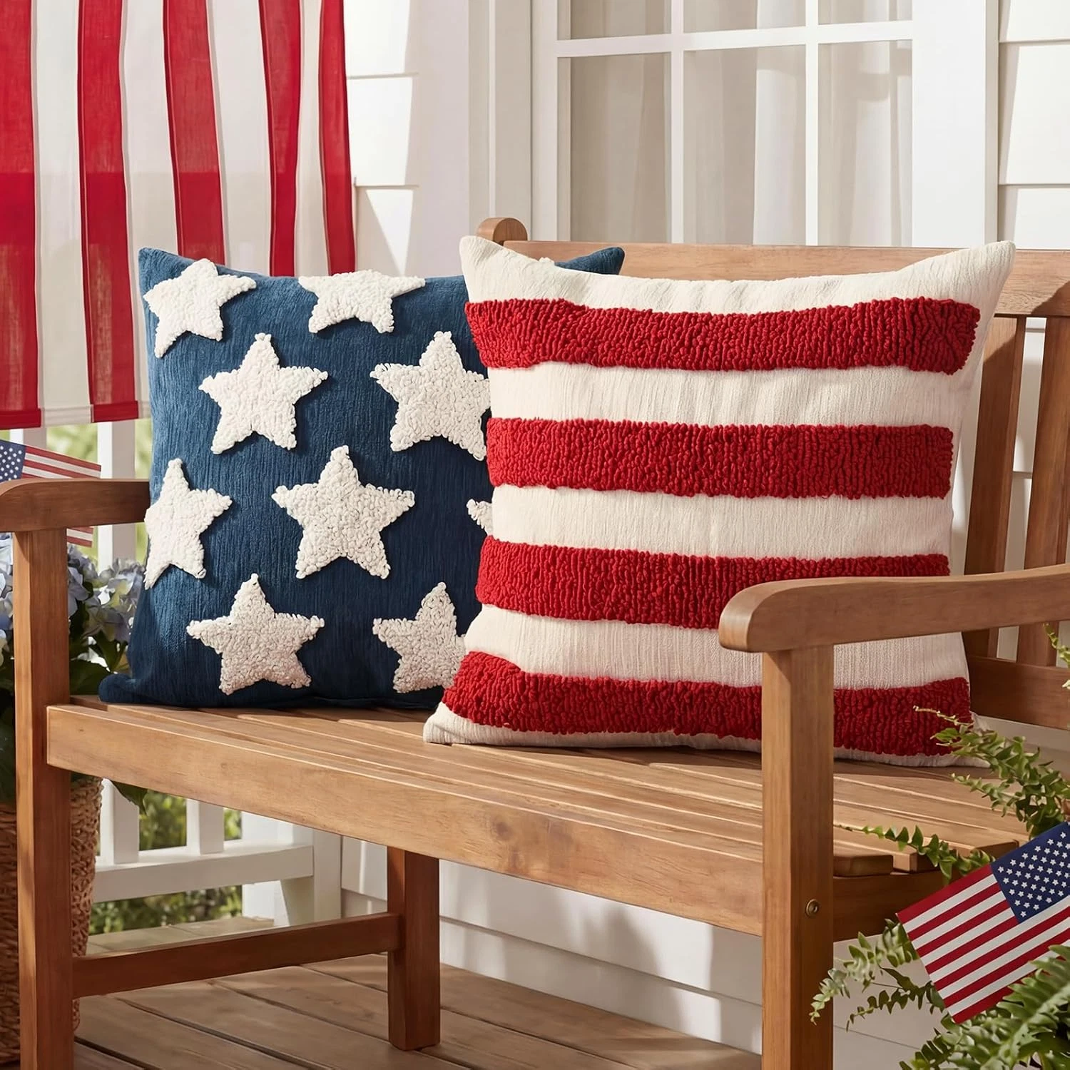 4Th of July Patriotic Throw Pillow Covers 18X18 Set of 2, Tufted Stars and Strip