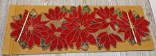 Vtg Christmas Poinsettia Glass Beaded Heavy Table Runner Center Piece 36" x 12"
