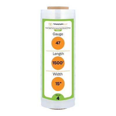 4 Rolls Clear 15'' x 1500 Ft. Down Gauge Cast Hand Stretch Wrap, 47 Gauge