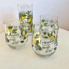 Royal Norfolk Libbey Painted Lemons Retro Juice Glasses Tumblers Set of 4