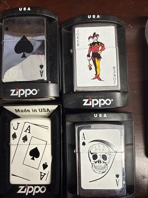 vtg 4 Zippo Lighters Playing Cards Ace of Spades Joker Skull Grim Reaper USA