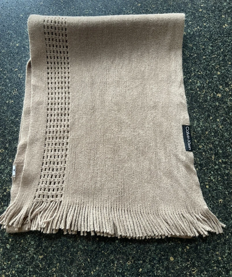 Calvin Klein Beige Fringed Scarf One Size - Image 3 of 4