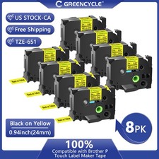 8PK Compatible Brother P-Touch TZe651 TZ651 Label Tape 24mm Yellow For PT-9400