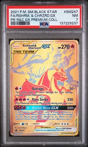 2021 POKEMON SM BLACK STAR PROMO #SM247 FULL ART/RESHIRAM & CHARIZARD GX PSA 7