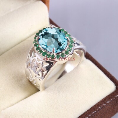 Natural Blue Topaz & Green Onyx Gemstone 925 Sterling Silver Men's Ring #5359