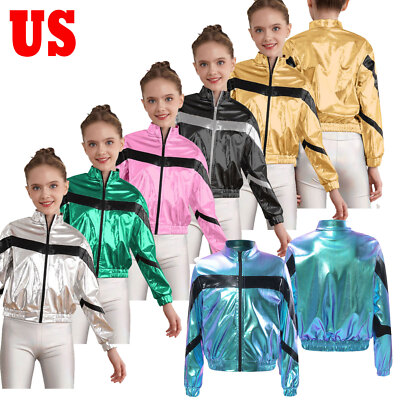 US Kids Girls Shiny Metallic Bomber Jacket Zipper Blazer Stage Performance Jacke