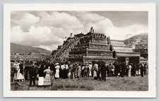 Real Photo Postcard Crowd at Temple of Quetzalcoatl Teotihuacan Mexico RPPC