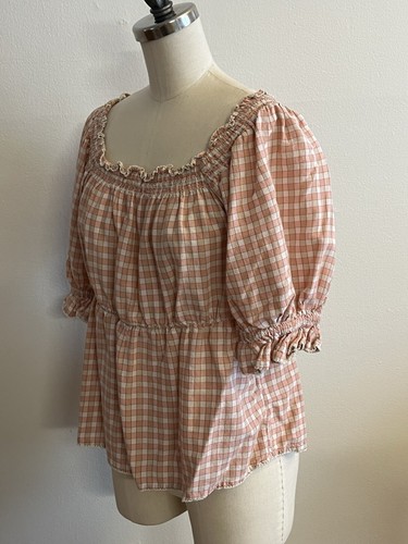 Old Navy Women’s Top M Smocked Gingham Plaid Cotton Pink Cotton Blend - Foto 4 di 7