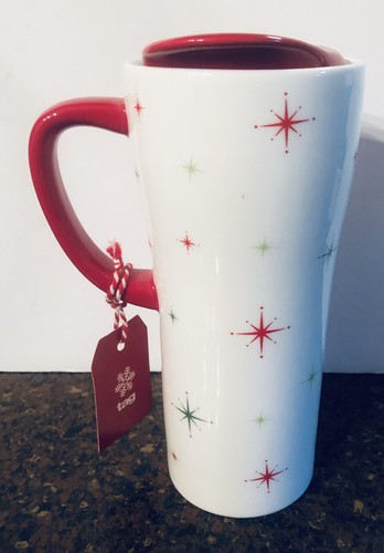 TAG Travel Mug Christmas Reindeer Ornaments In Antlers “Be Merry” Red Handle/Lid - Picture 3 of 4