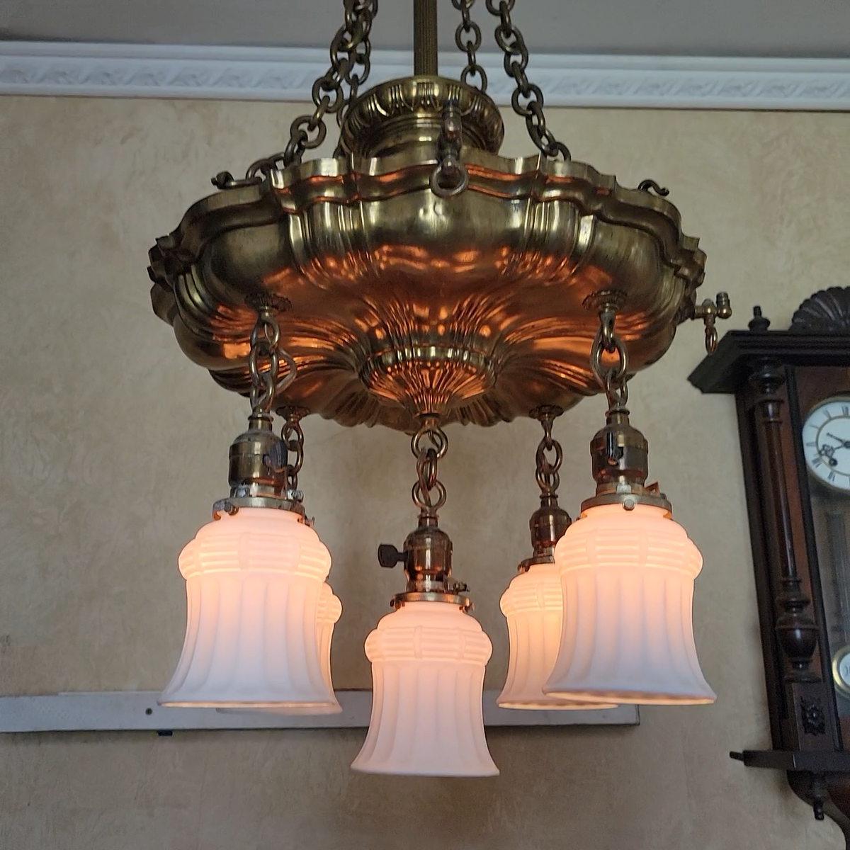 341c Antique 10's 20s Sheffield brass gas electric ceiling light