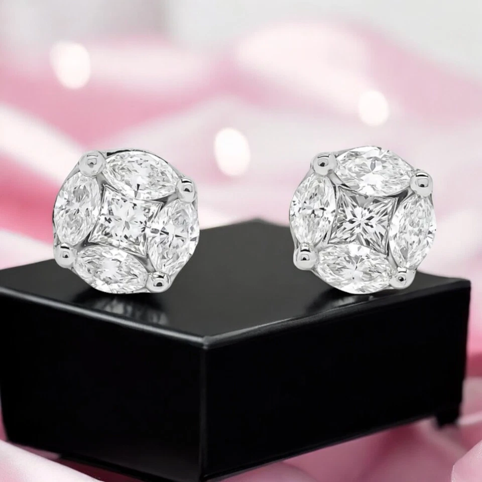 2 Cts F/VS1 Princess Marquise Cut Natural Diamonds Stud Earrings 14K White Gold - Image 4 of 4