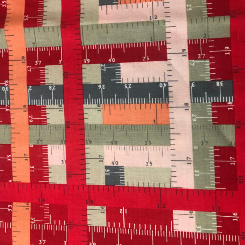 Cotton Quilt Fabric Sewing Theme Measuring Tape Red By the Yard Material #87 - Afbeelding 1 van 4
