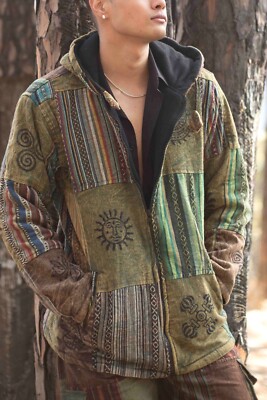 Grüne Patchwork Baumwollfleece Winterjacke, Unisex Hippie Jacke mit Hoodie