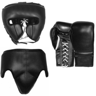 New Custom Made , Black Color, Boxing Gloves, Head Gear, Groin 