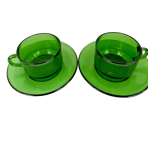 Vereco France Green Glass Coffee Tea Cup & Saucer MCM Vintage Set Of 2