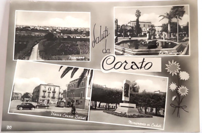 1963 PUGLIA, SALUTI DA CORATO, 4 VIEWS: P.zza Battisti, monument fallen, pano...