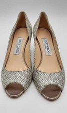 Jimmy Choo Open Toe Champagne Metallic Silver Heels Size 36 Eb1223crsa