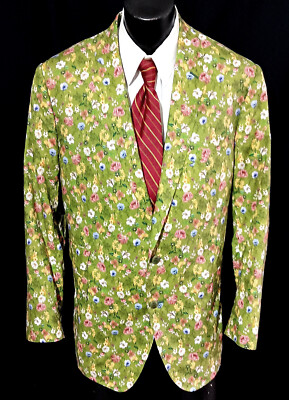 David August Green Flowers Sport Coat Dual Vents Surgeon Cuffs 52R