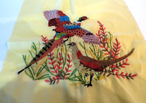 Pheasants Birds Hand Crafted Crewel Needlepoint Picture Pillow Topper Unframed - Picture 5 of 6