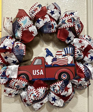 Farmhouse GNOME USA TRUCK Fourth Of July WREATH   BURLAP Deco Mesh SUPER CUTE 
