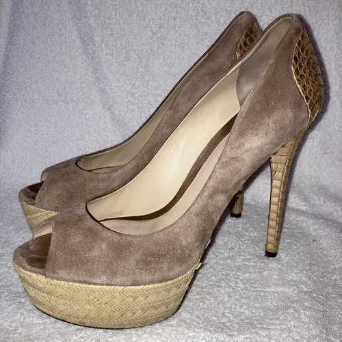 Brian Atwood Blayne Beige Suede Platform Heeled Pumps Snake Print Heel Sz 7.5 - Picture 3 of 9