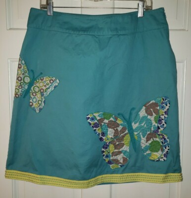 BODEN turquoise Lime Green brown Butterfly Embroidered Cotton Short Skirt 12
