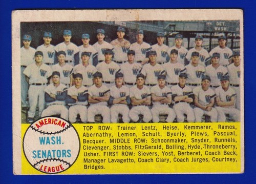 SENATORS TEAM PHOTO UNMARKED CHECK LIST 1958 TOPPS #44 GOOD (W/ 1 MARK)